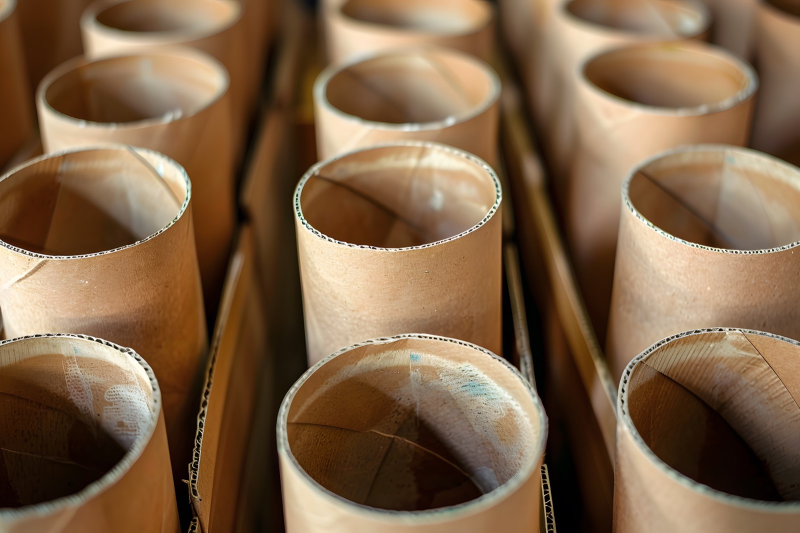 Centros de cartón apilados en bodega