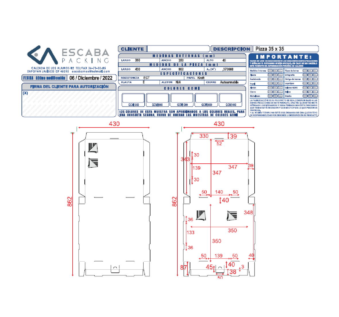 Plano técnico caja pizza 4