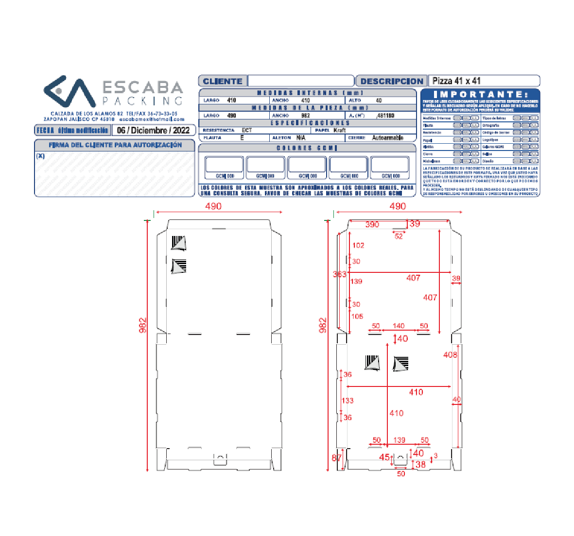 Plano técnico caja pizza 6